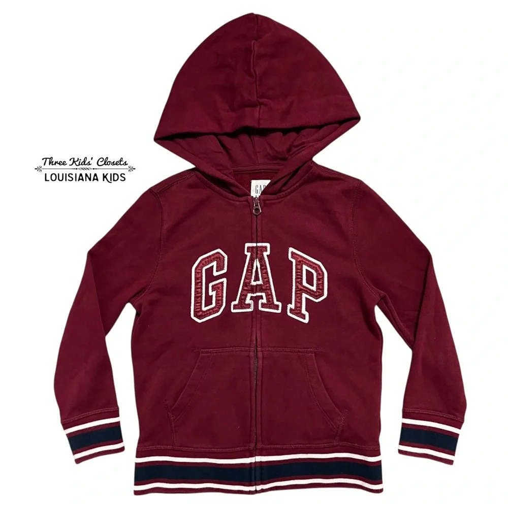 GAP Kids 6-7Y Maroon & Navy Stripe Logo Zipper Hoodie